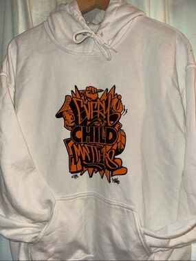 White Hoodie with Orange Graphic - Every Child Matters